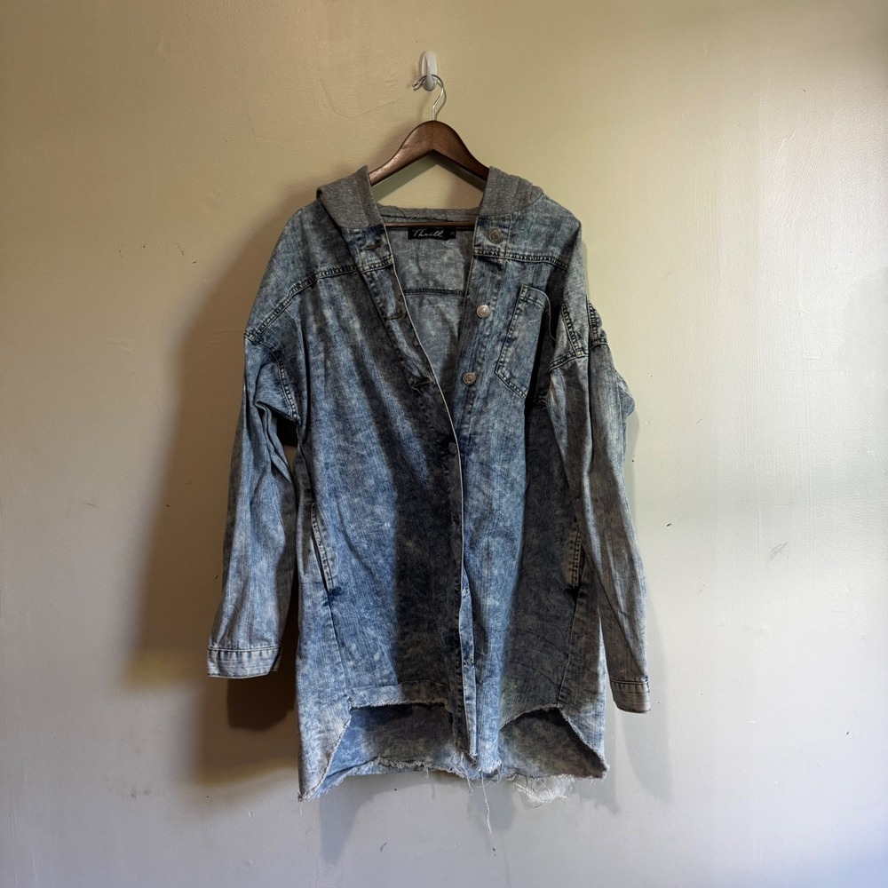 Thrill Men's Sz 2x Blue Acid Wash Hooded Denim Jacket 100% Cotton Grunge